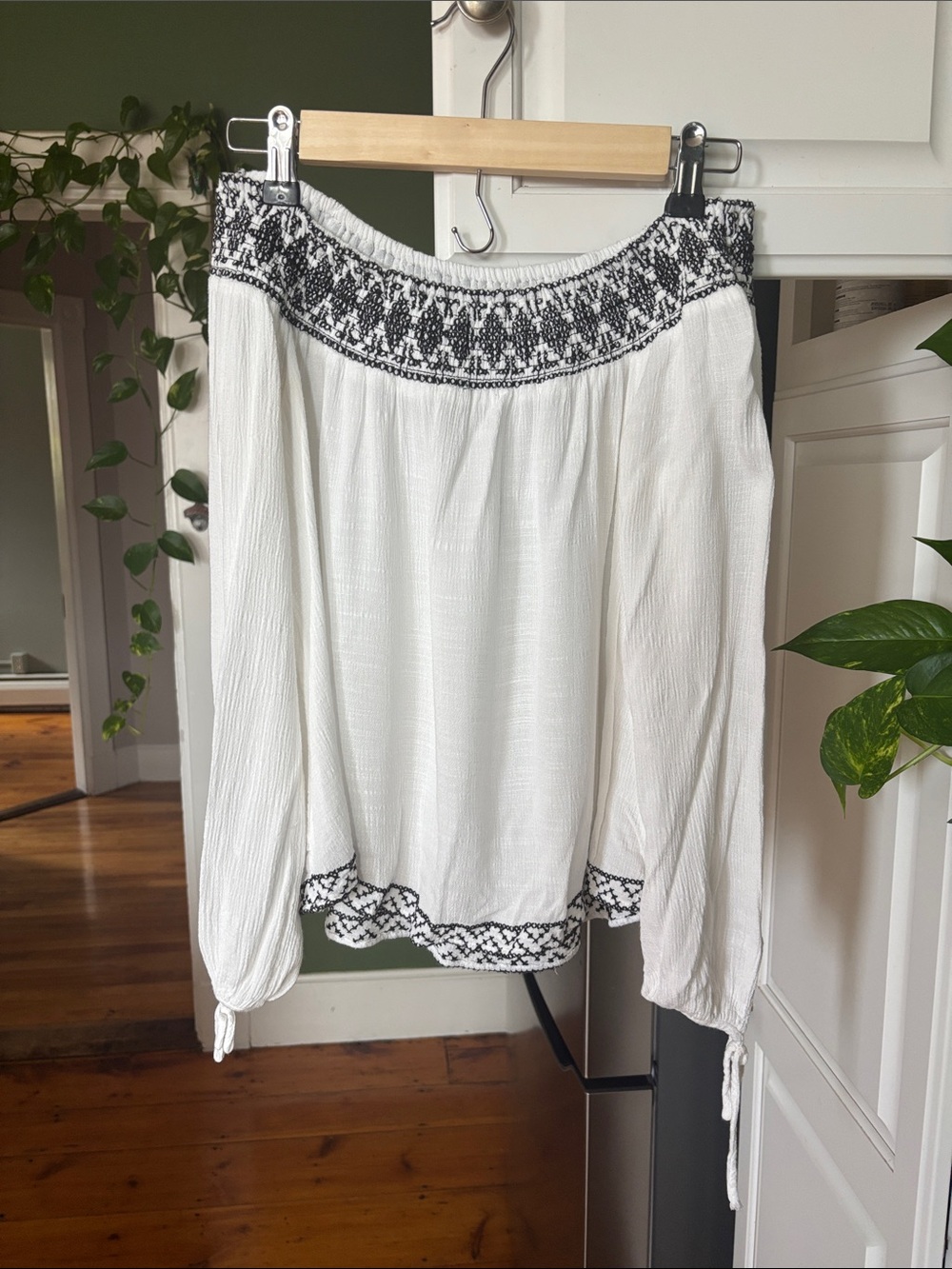 Avec Les Filles White Off-Shoulder Blouse with Black Embroidered Trim